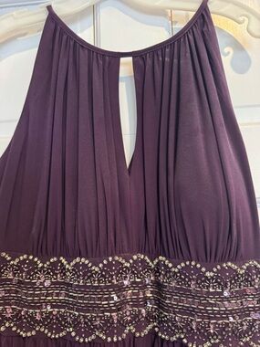 R & M Richards Plum Purple Pleated Prom Dress with Beaded Waist
